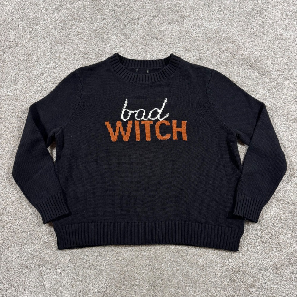 Bad Witch Halloween Graphic Crewneck Sweater Black Orange Intarsia Knit Pullover